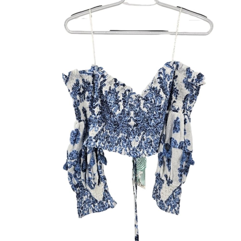 Leoni Al Sole Crop Top Blue White Floral Resort Off Shoulder  NWT One Size